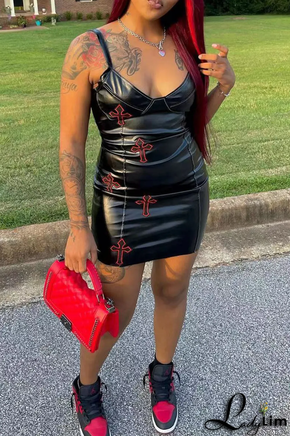 Black Sexy Character Patchwork Spaghetti Strap Pencil Skirt Dresses