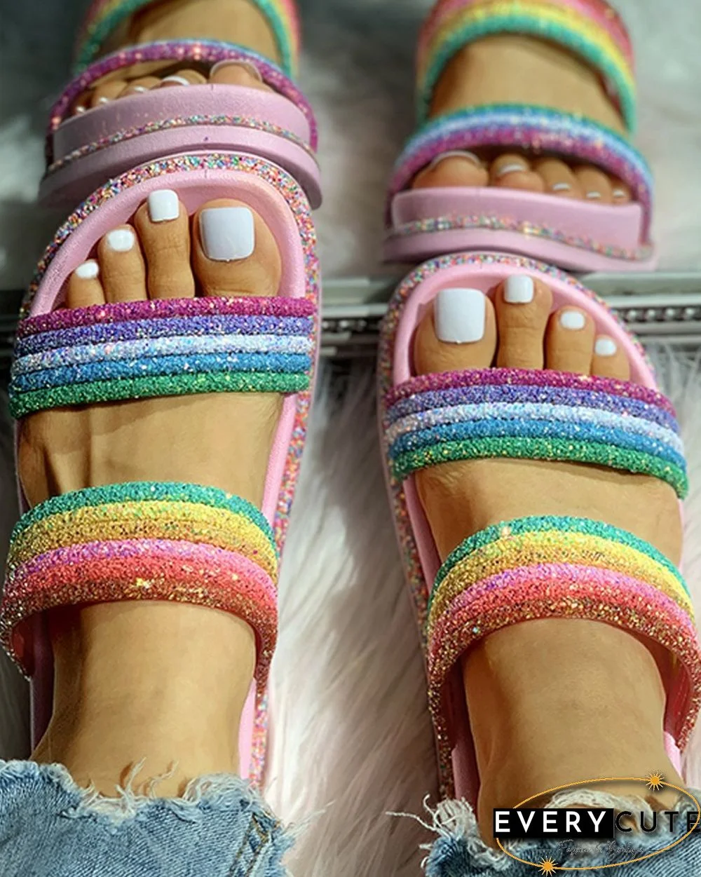 Rainbow Striped Open Toe Flat Slipper