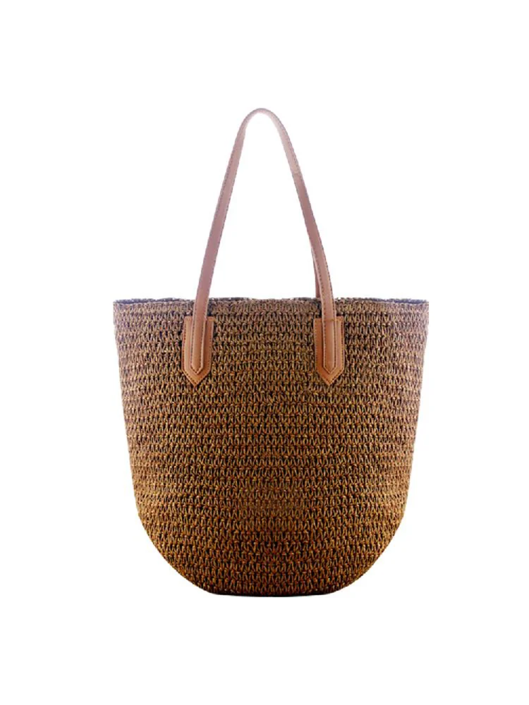 Boho Paper Rope Straw Shoulder Handbags Women Shopping Totes (Dark Brown)