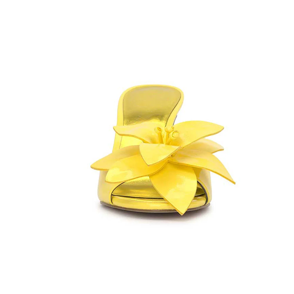 Yellow Flower Decor Open Round Toe Stiletto Heel Slides for Women
