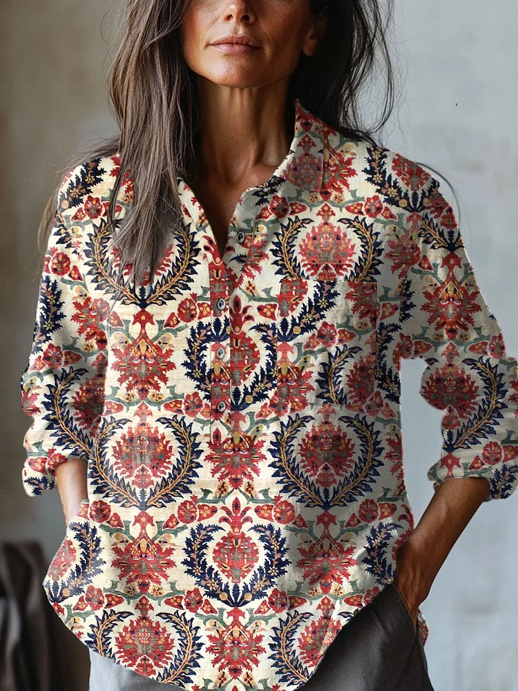 Women's   Floral  Art Print Casual Cotton And Linen Shirt