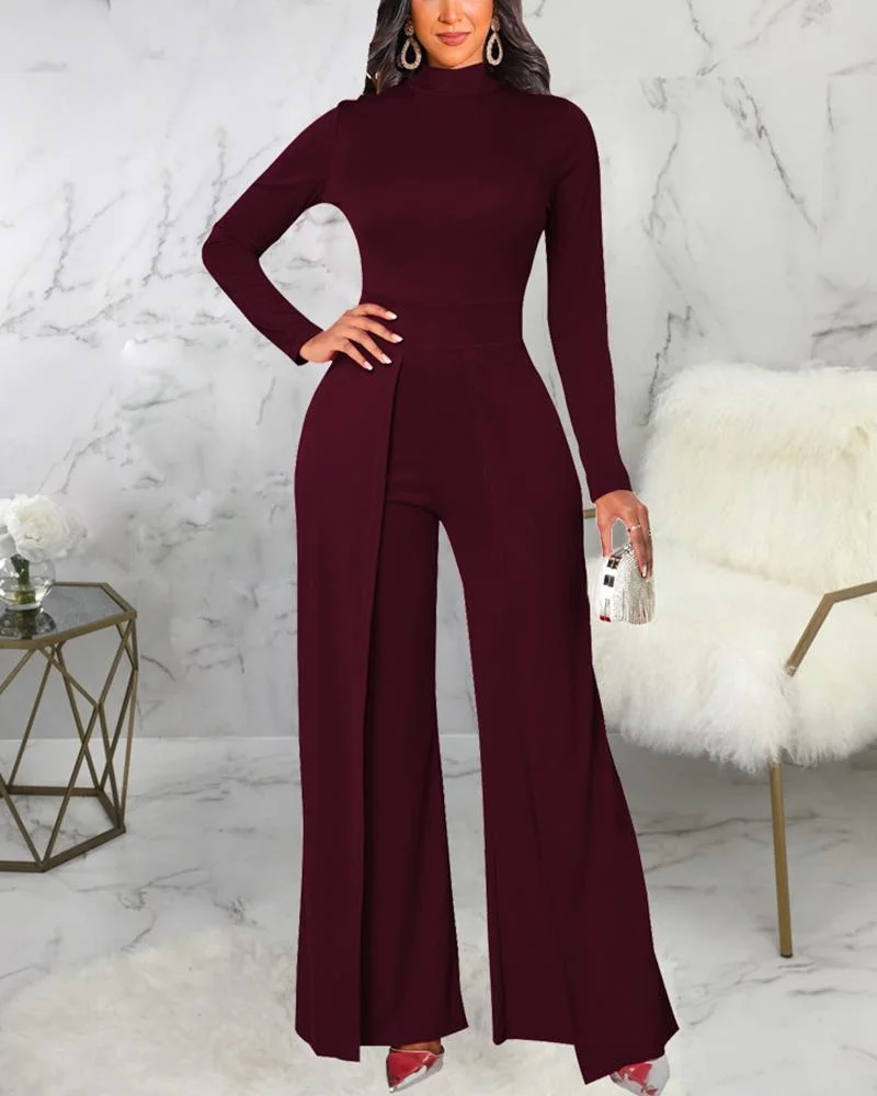 Solid color long sleeve high waist jumpsuit