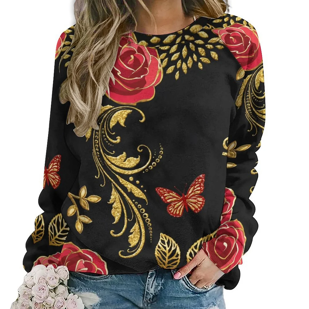 Printed Long Sleeve Casual Sweatshirt for  Women and Men Unisex Pattern Floral, Black, Rose, Red