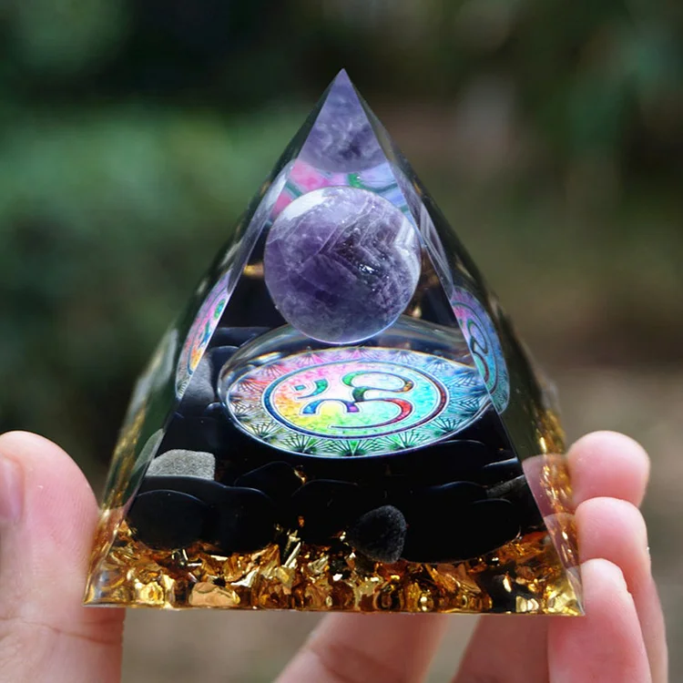 Natural Amethyst With Obsidian OM Symbol Orgone Pyramid