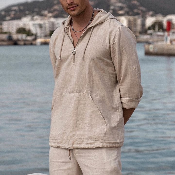 Men's Cotton And Linen Beach Casual Hoodie Shirt、、URBENIE