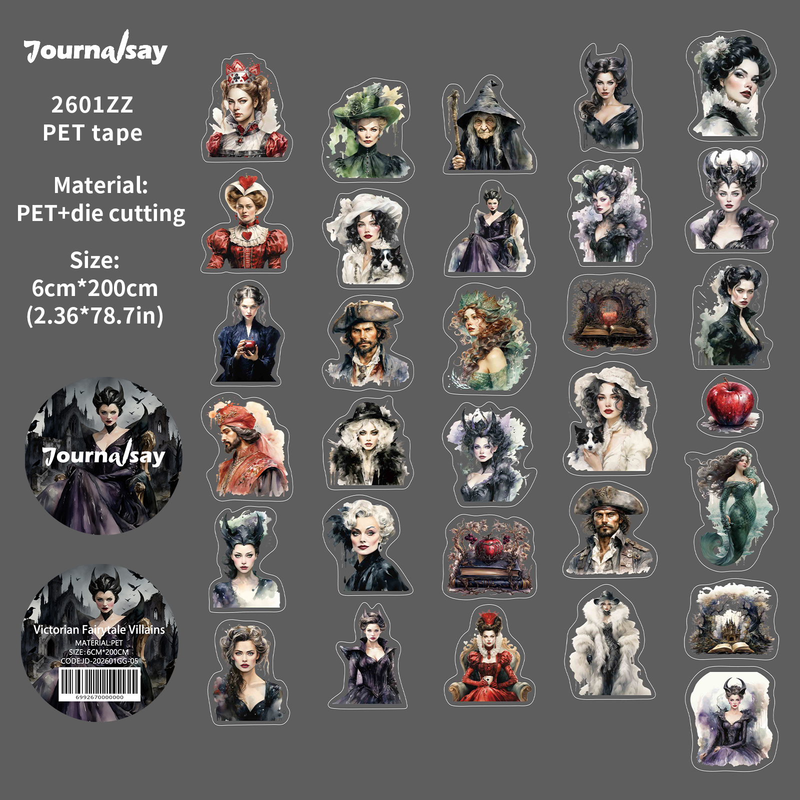 PET 테이프 - 60mm*200cm 빅토리아 시대 요정 나라 악당 시리즈 빈티지 캐릭터