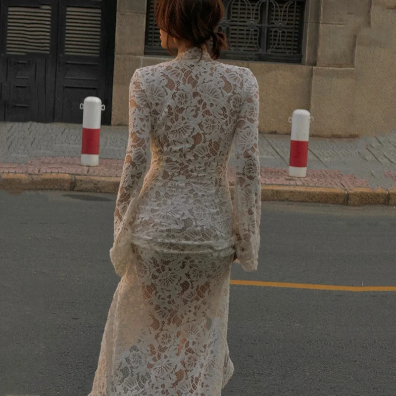 Uveng Uveng Early Autumn New Sexy Hot Girl Lace Splicing Fashion Street Slit Long Sleeve Dress