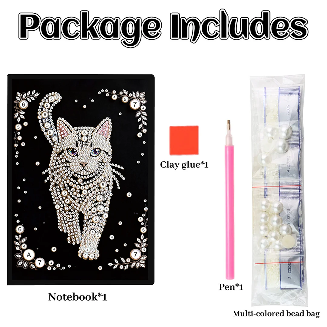 Cat Partial Pearl DIY 50 Pages A5 Diamond Painting Notebook Special Shaped Diamond Art Diary Book Kits Wireless Strip 5D Crystal Art Paintings Sketchbook for Art Drawing