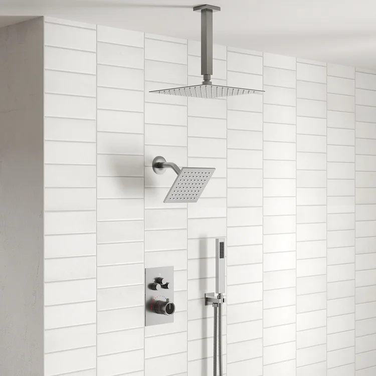 EVERSTEIN SFS1007-NK12 Thermostatic Ceiling-Mounted Rainfall Shower System with Dual Heads and Rough-in Valve in Brushed Nickel