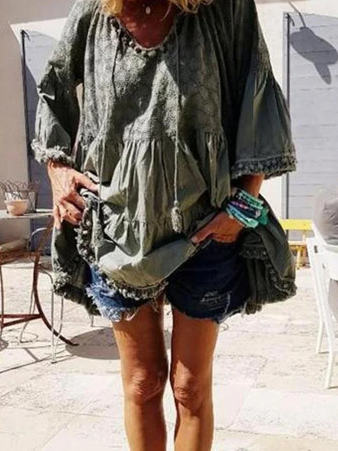 Cotton-Blend Casual Half Sleeve Sweetheart Blouses