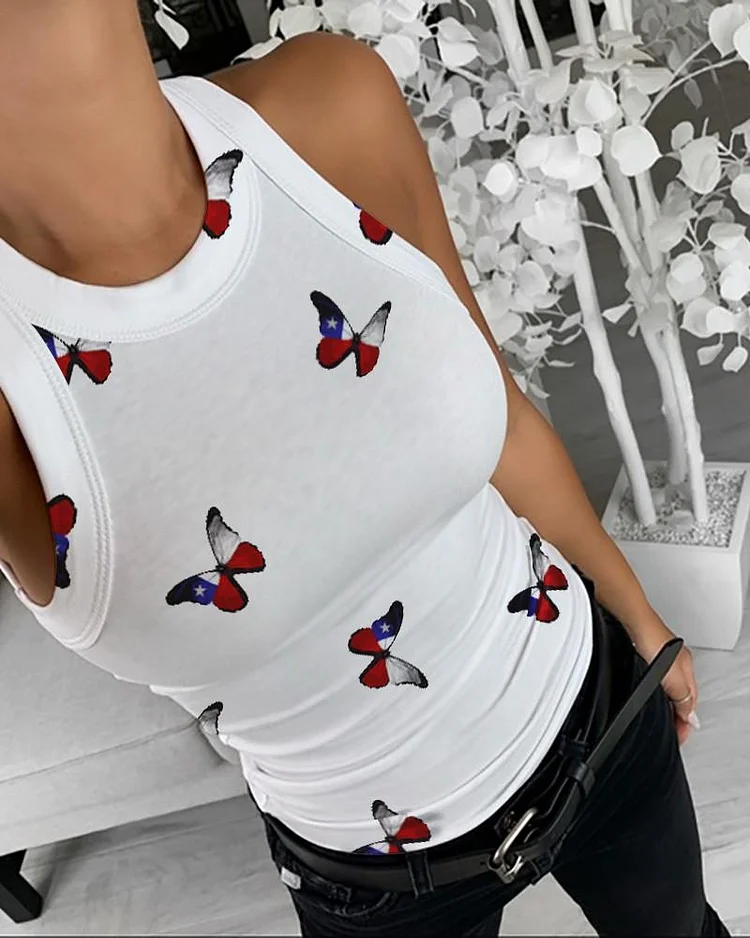 Butterfly Print Round Neck Tank Top