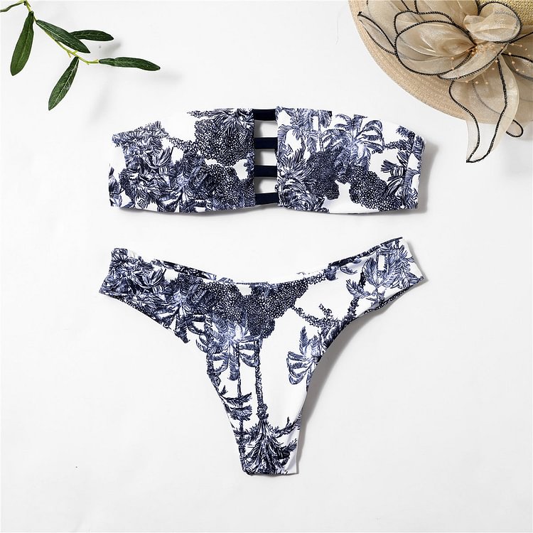 Flaxmaker Bandeau White Black Print Bikini Swimsuit