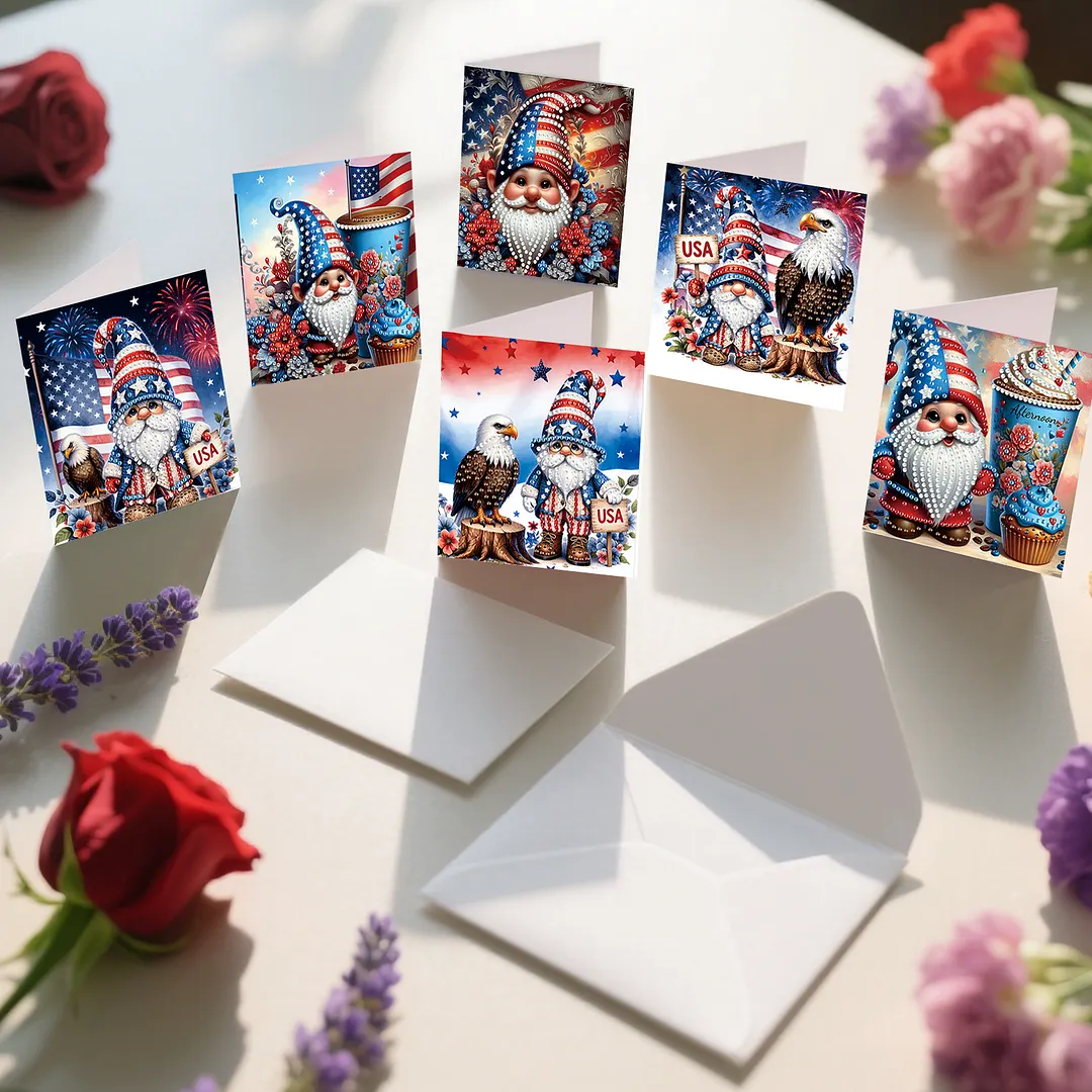 6pcs Independence Day Goblin DIY Diamond Painting Kit Greeting Card with Envelope Diamond Art Painting Greeting Cards for Family Friends Holiday Gift Congratulations
