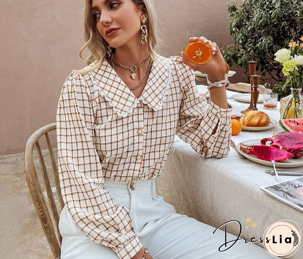 Autumn Office Lady Gingham Square Pattern Shirt Women Casual V-neck Brown Skinny Blouse Female Regular Sleeves Top