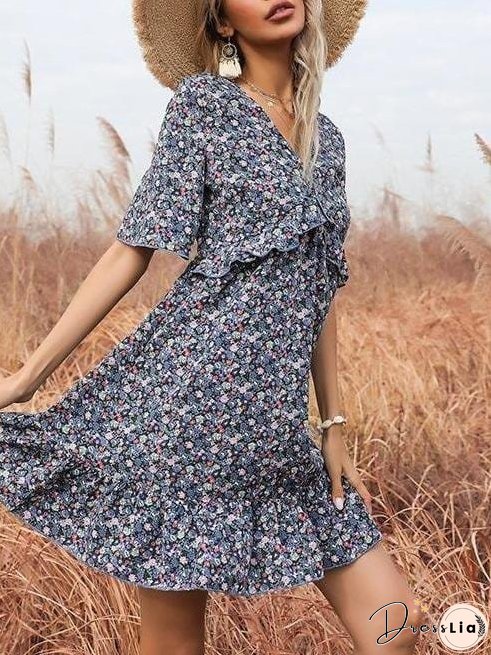 Floral V Neck Ruffled Cutout Backless Dress for Women