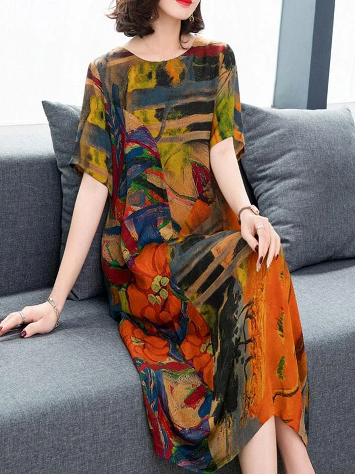Women's new retro style color imitation silk dress