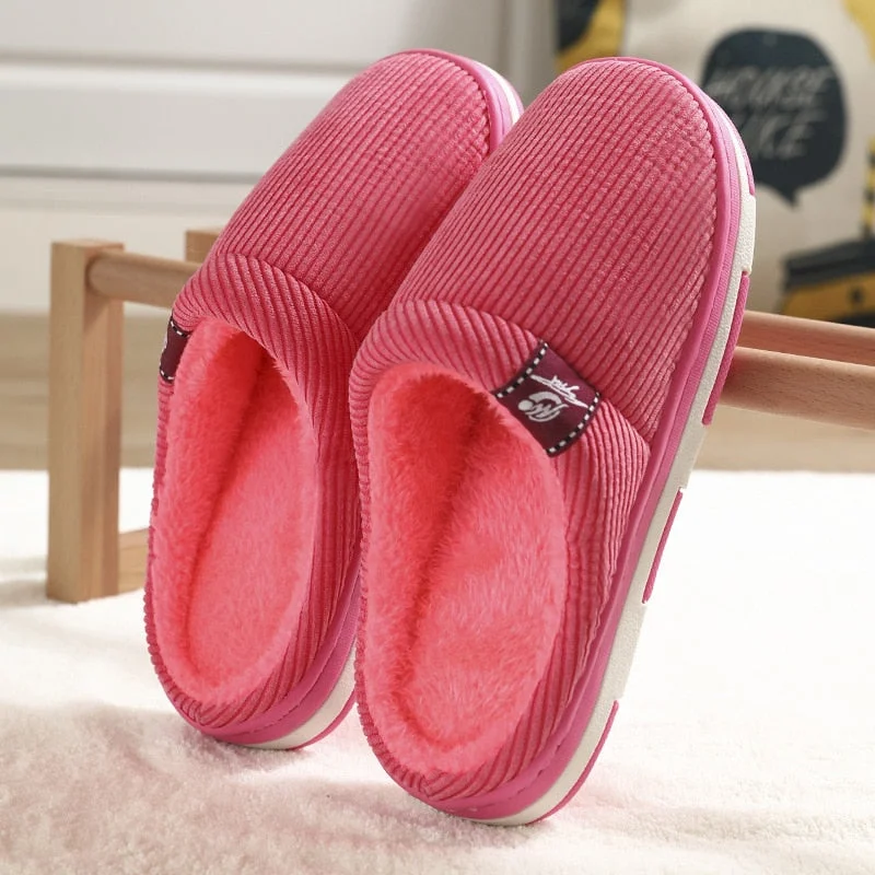 Women And Men Couple Winter Slipper Women's Stripe Pattern Cotton Shoes Men's Warm Non-Slip Thick Plush Home Fabric Slippers