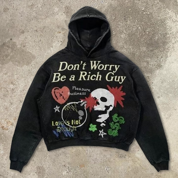 Vintage Don't Worry Be a Rich Guy Graphic Acid Washed Oversized Hoodie