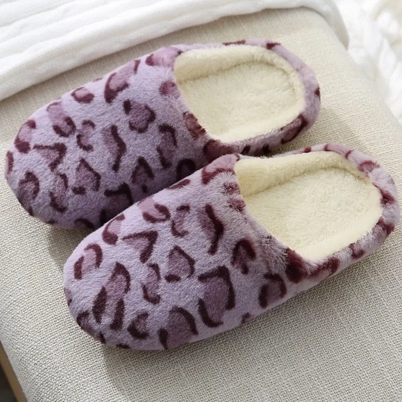 LITTHING Women Home Slippers With Faux Fur Flats Heels Shoes Winter Warm Slippers Women Leopard Print Female Flip Flop Size36-45