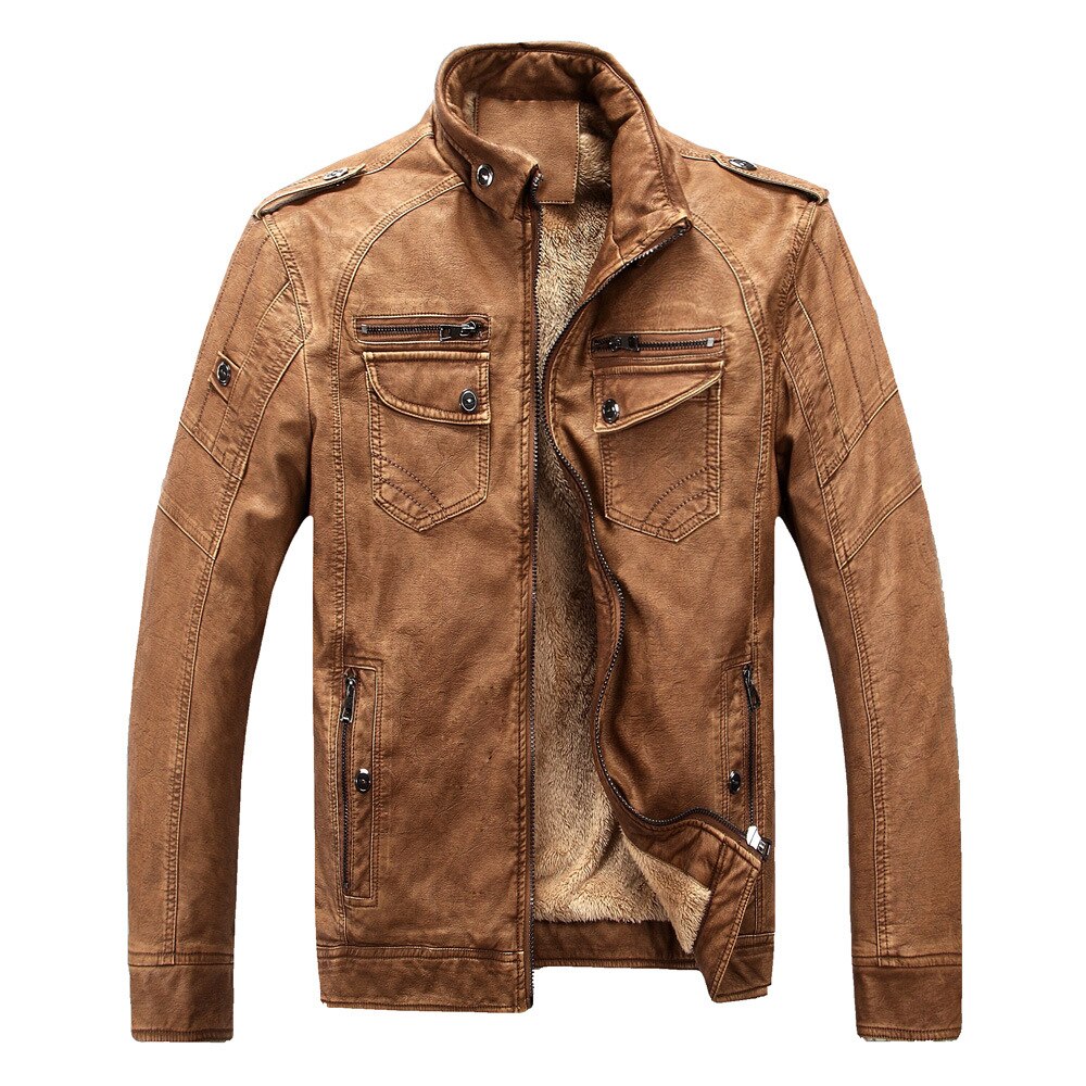 winter Mens Flight Jacket Plus Size 3XL 4XL Long Sleeve Faux Leather Loose Vintage Pu Leather Yellow Thick Warm Jacket Male Coat