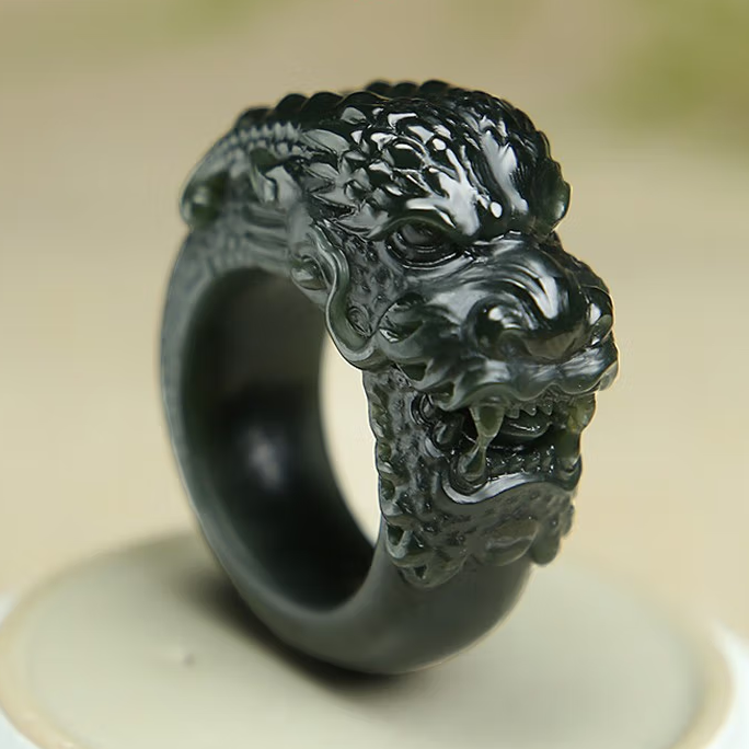 High Standard Exquisite Hetian Jade Men's Dragon Head Ring with Adjustable Sizes and Certificate Included