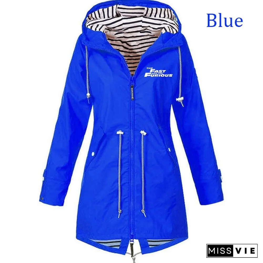 Ladies Double Layer Waterproof Lightweight Rain Jacket Outdoor Hooded Zipper Coats