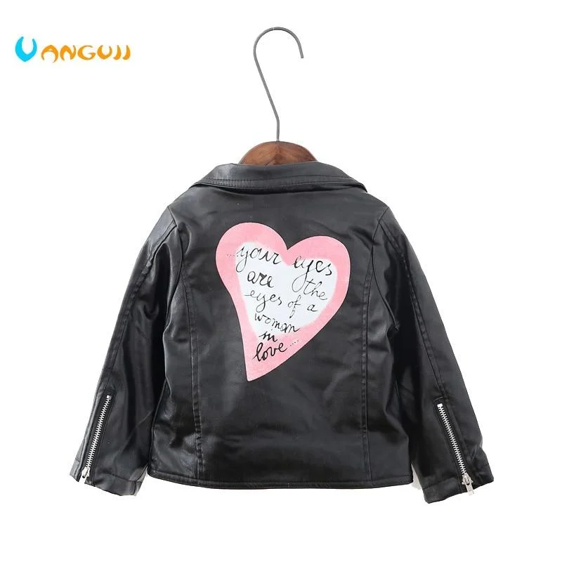 2019 autumn winter hot children PU jacket, 2-7 year old girl fashion love, lapel leather motorcycle leather jacket girls