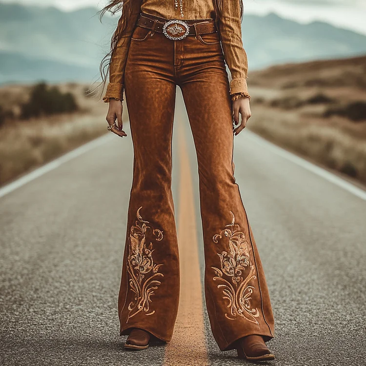 Ursime Western Suede Floral Embroidery High Waist Bell Bottom Pants