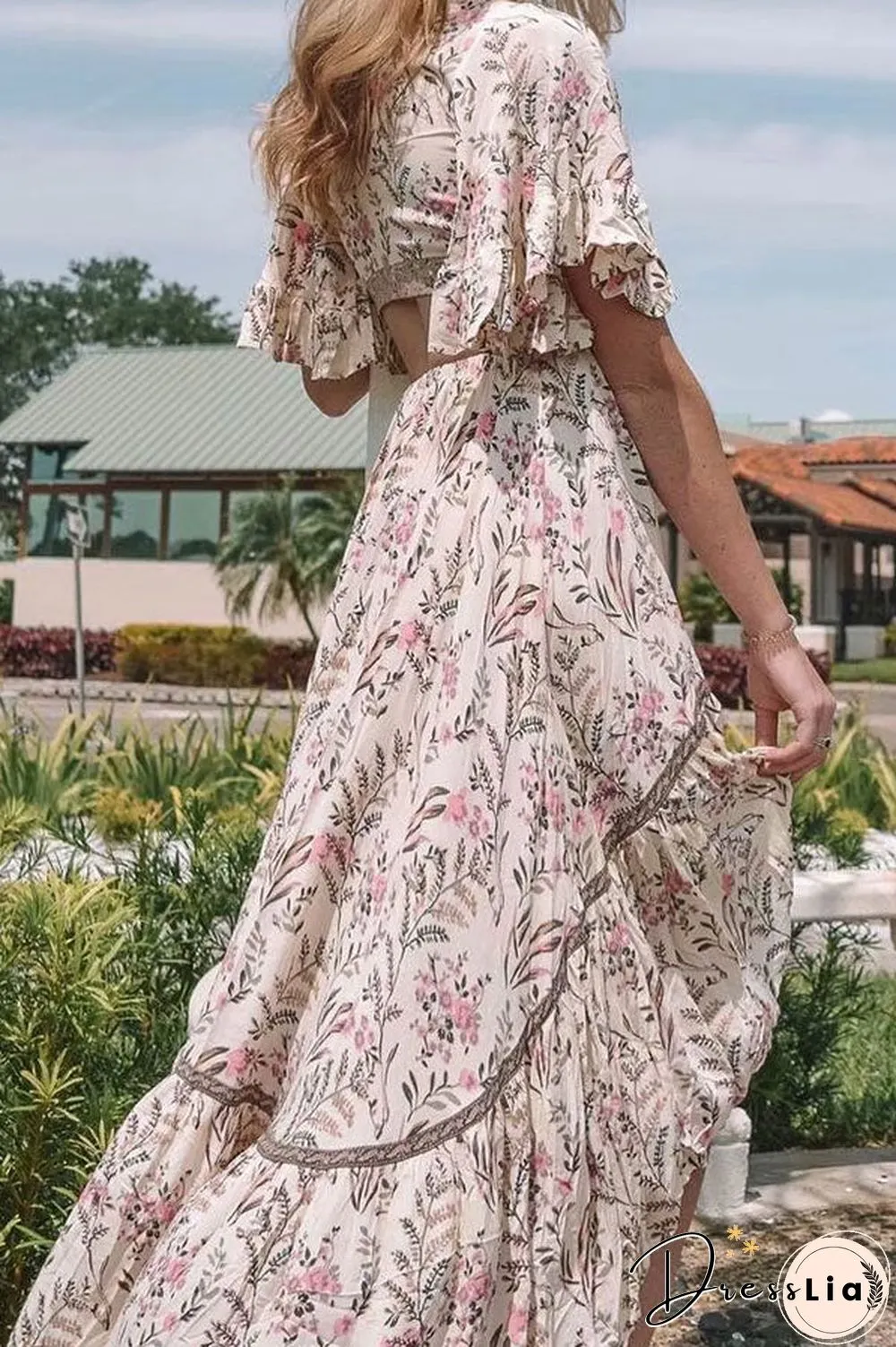 Floral High Low Tie Front Ruffle Dress