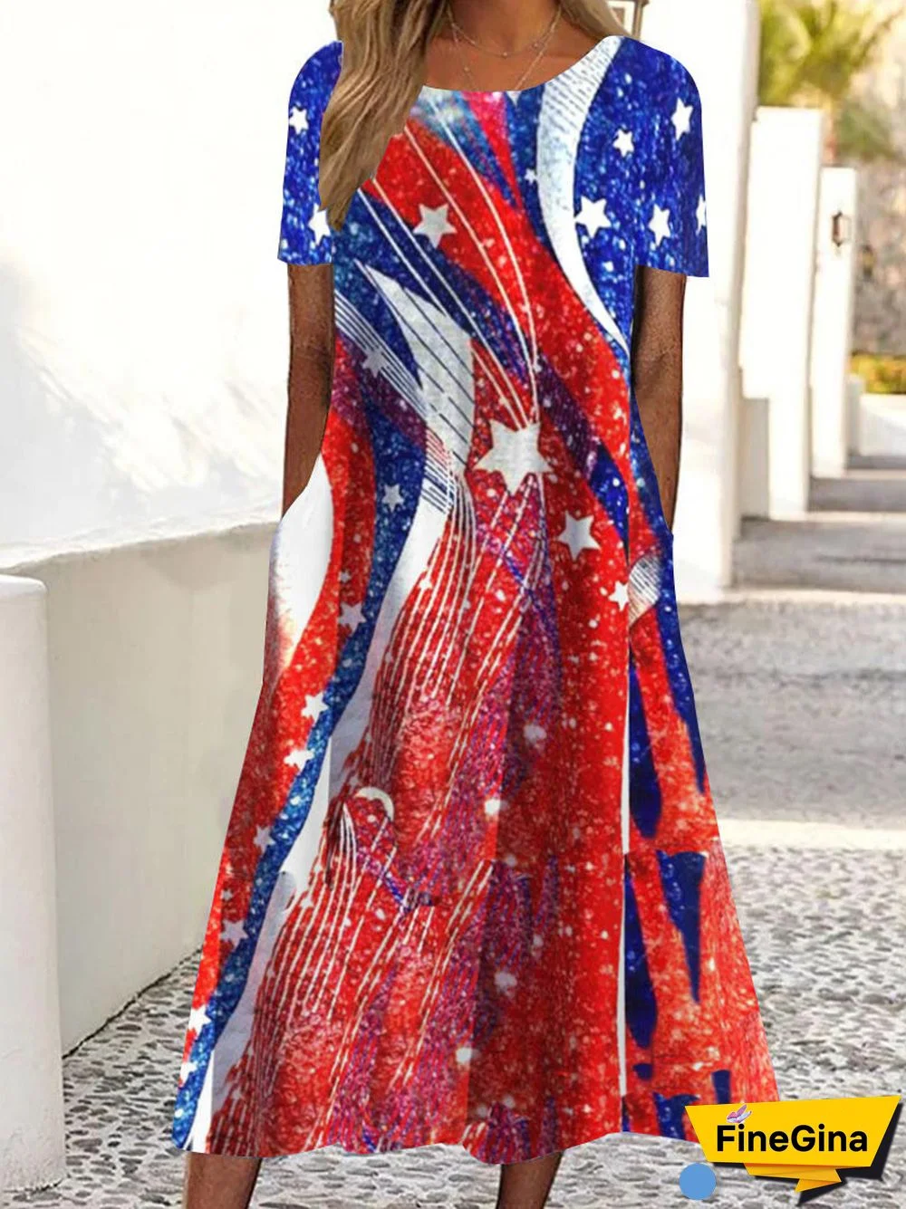 Women's Short Sleeve Scoop Neck Graphic National Flag Pockets Midi Dress