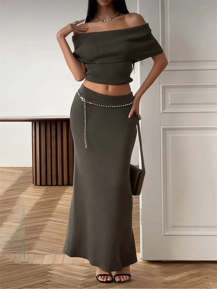 Toloer Ribbed Off-Shoulder Top And Maxi Skirt Set-Outfit Ideas