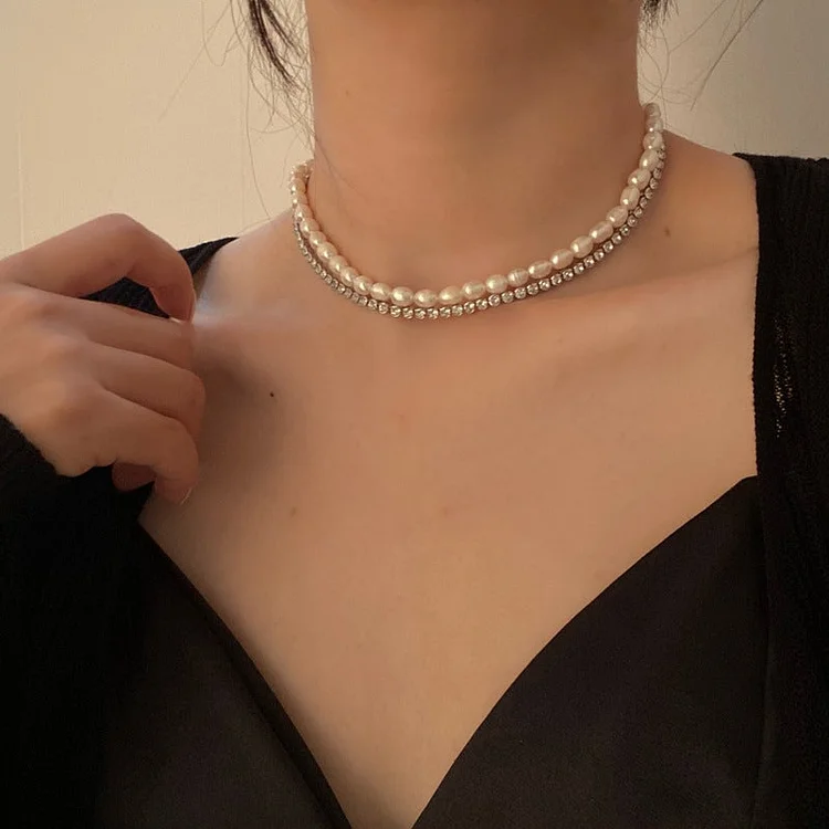 Freshwater pearl zircon double layer choker vintage temperament fashion necklace