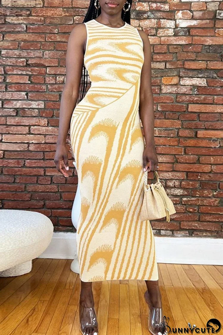 Light Yellow Casual Print Basic O Neck Sleeveless Dress Dresses