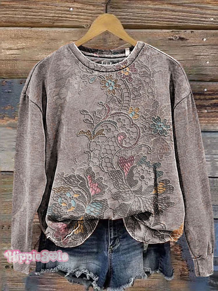 Vintage Floral Art Print Casual Sweatshirt Multicolor / S