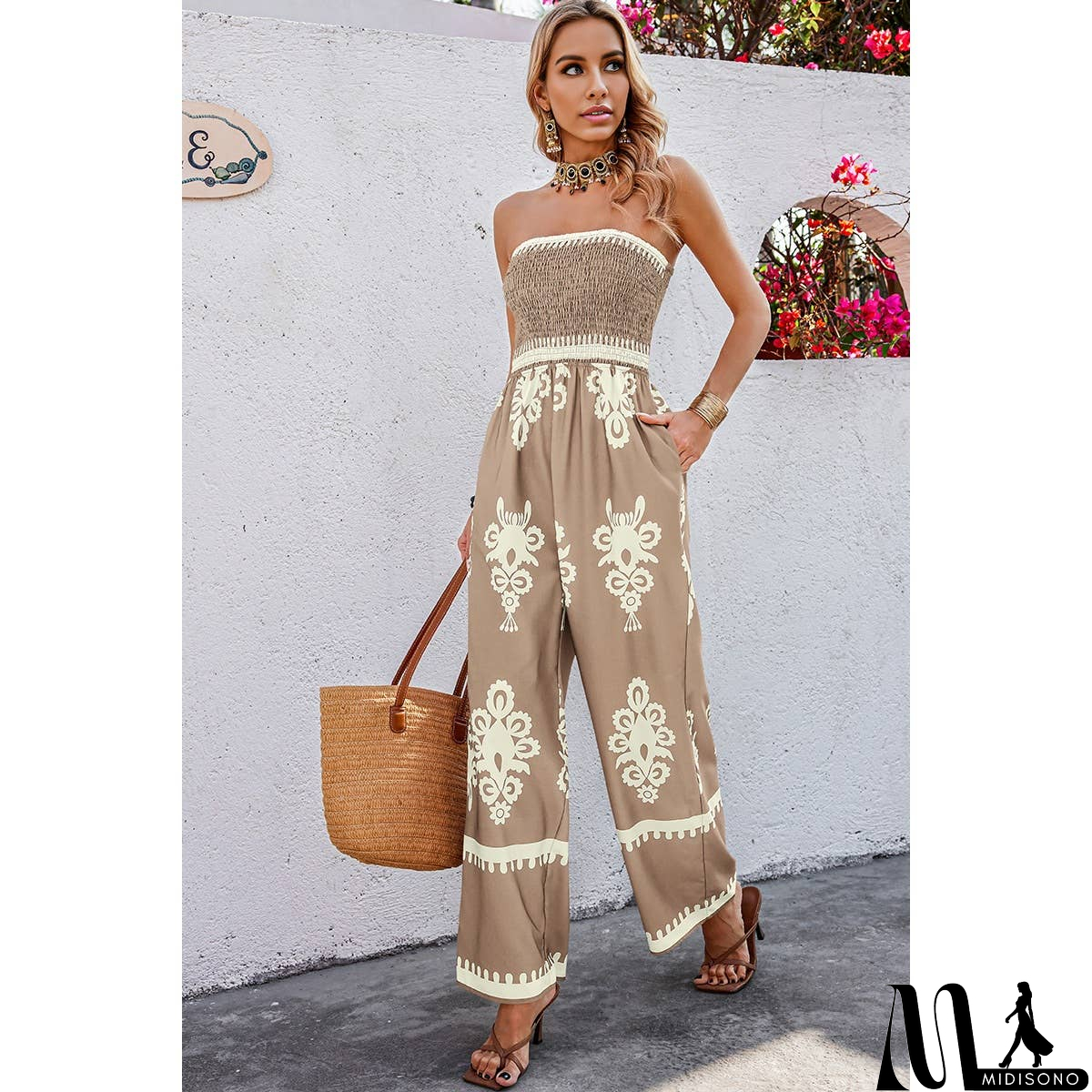 MidiSono - Off Shoulder Ruched Printed High Waist Jumpsuit