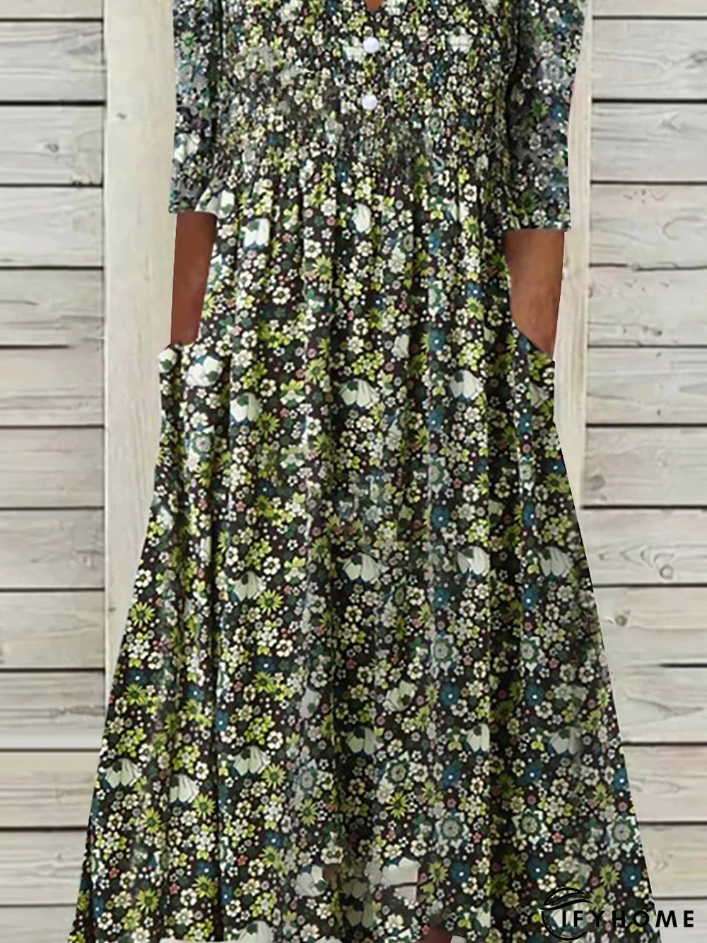 Casual Short Sleeve Woven V Neck Floral Midi Dress | IFYHOME