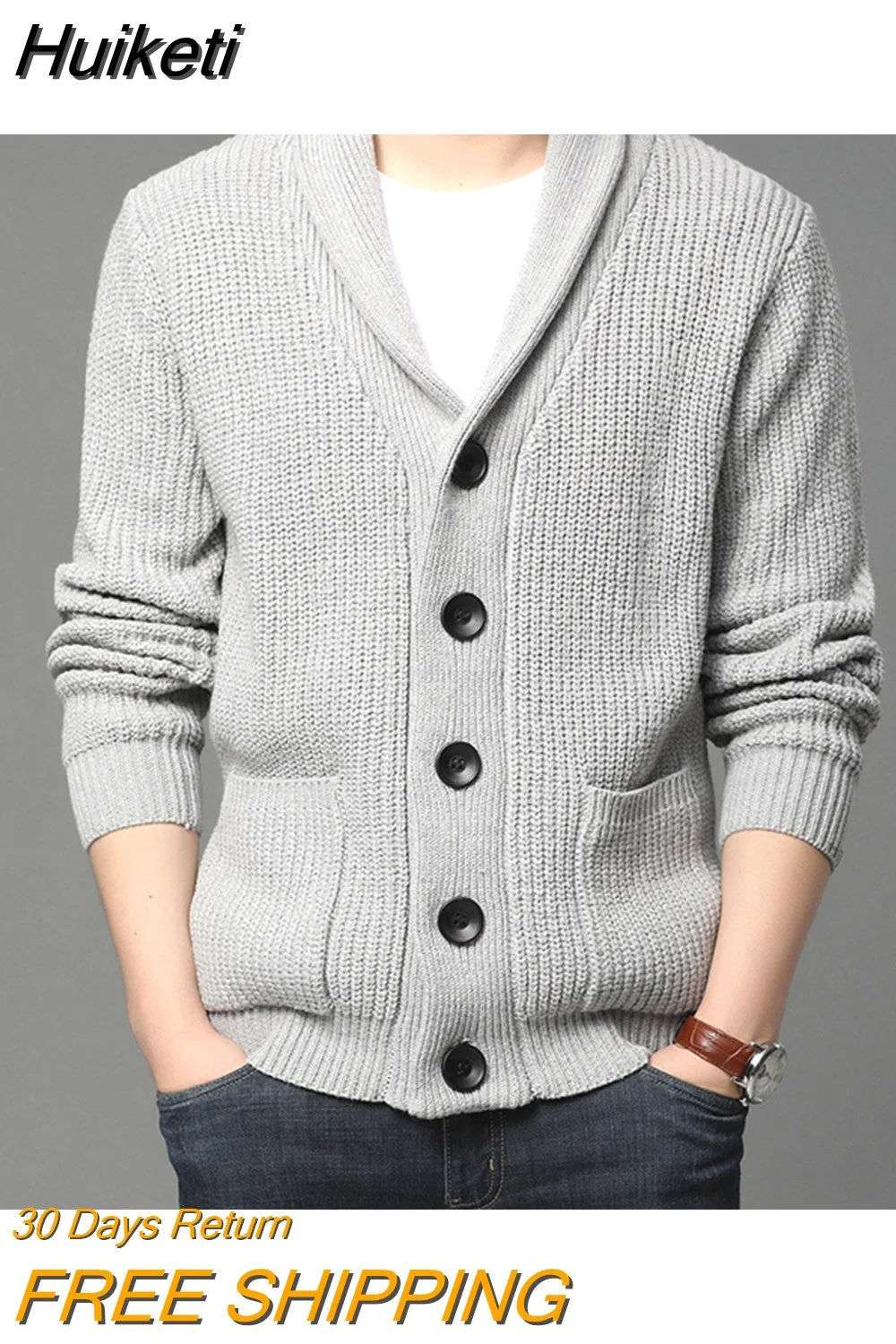 Huiketi Quality Autumn Winter Cardigan Men Thick Knitted Solid Sweater Jakcet Fashion Turn Down Collar Single Breasted Cardigan Men