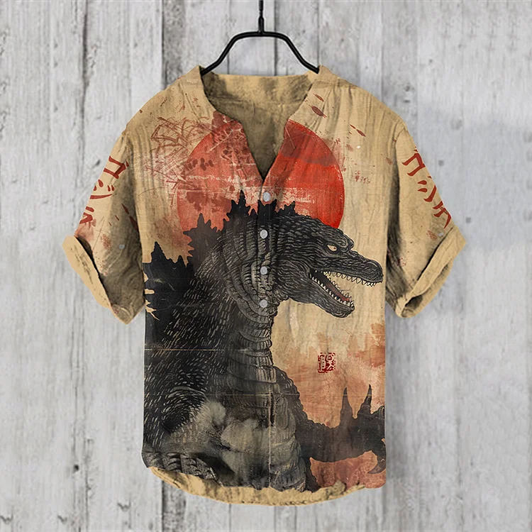 Japanese Godzilla And Sunrise Art Print Henry Collar Shirt