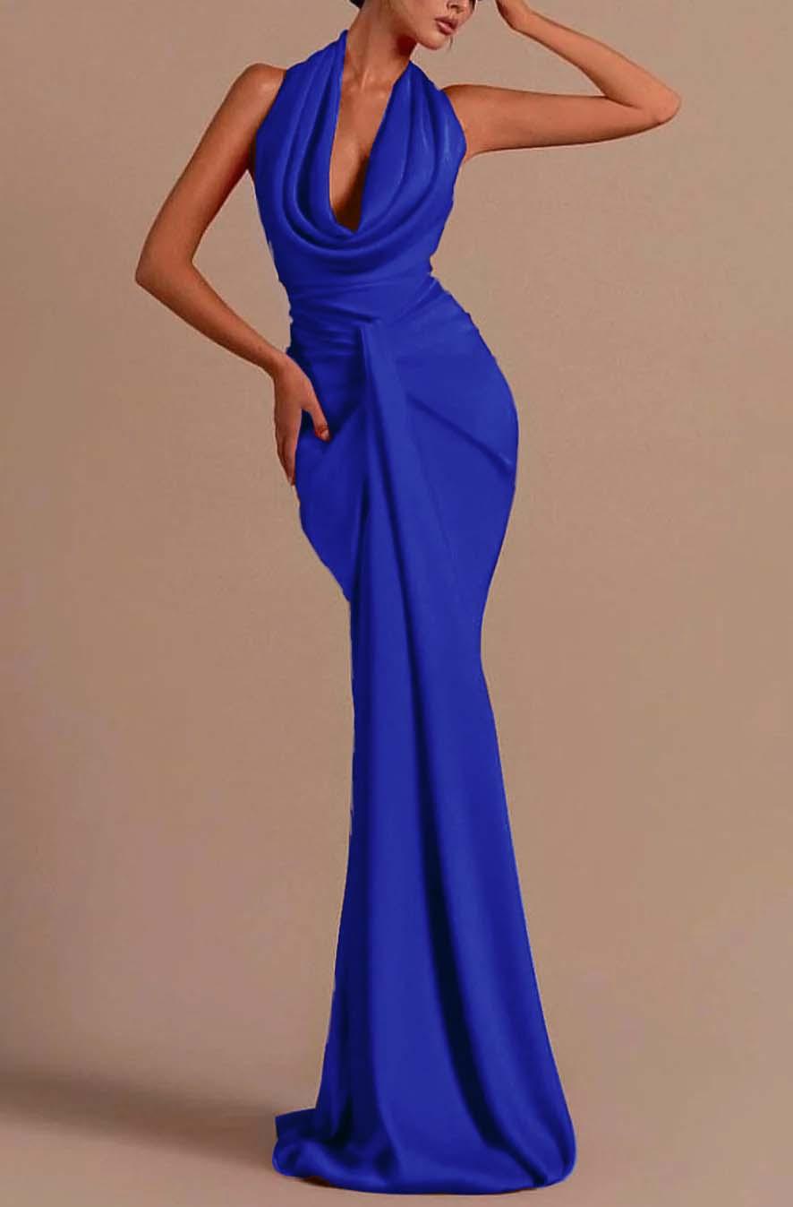 Lvs&Broner Charming Royal Blue Halter Sleeveless Mermaid Long Prom Dress With Pleated