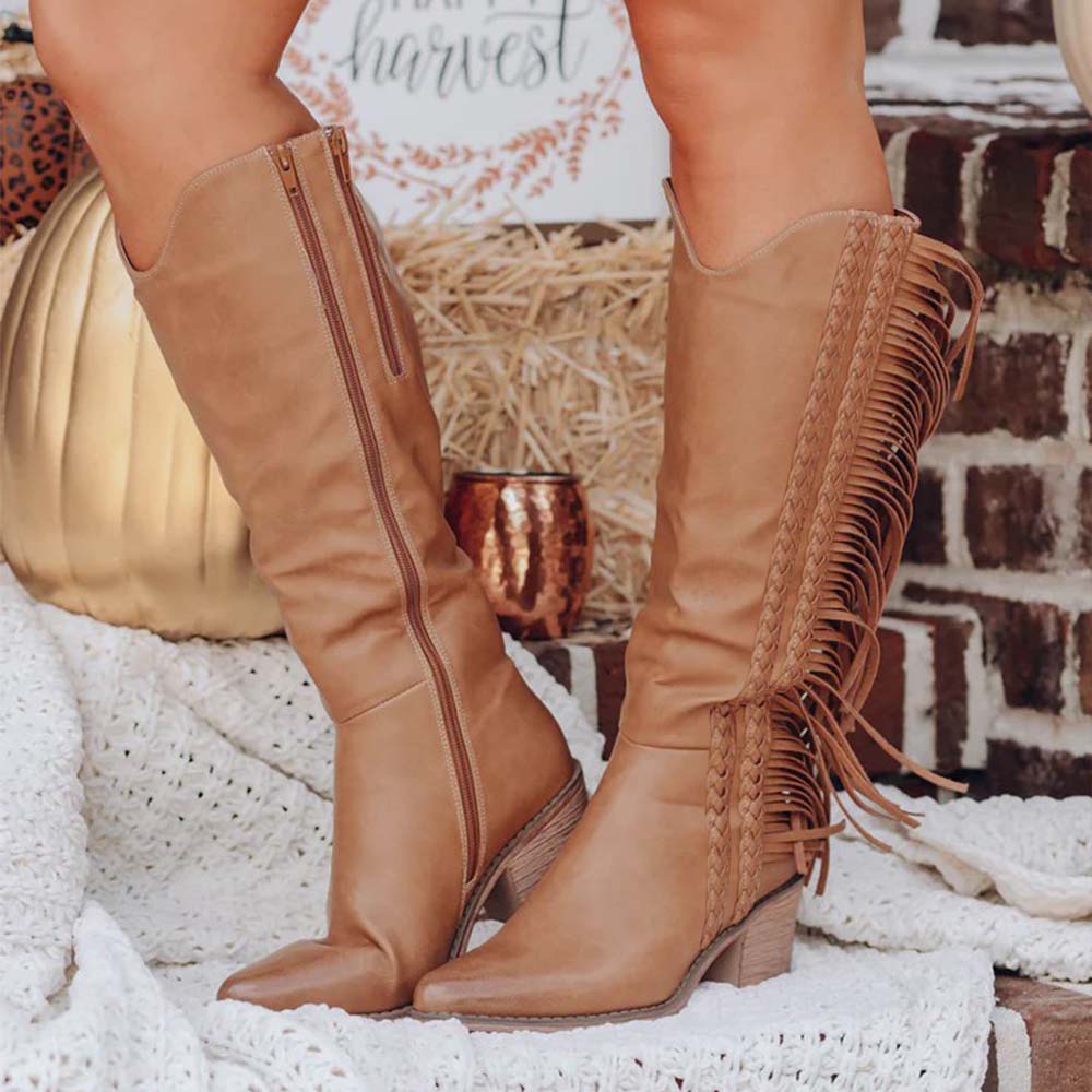 Brown Block Heel High Heel Side Zip Fringe Ankle Boots