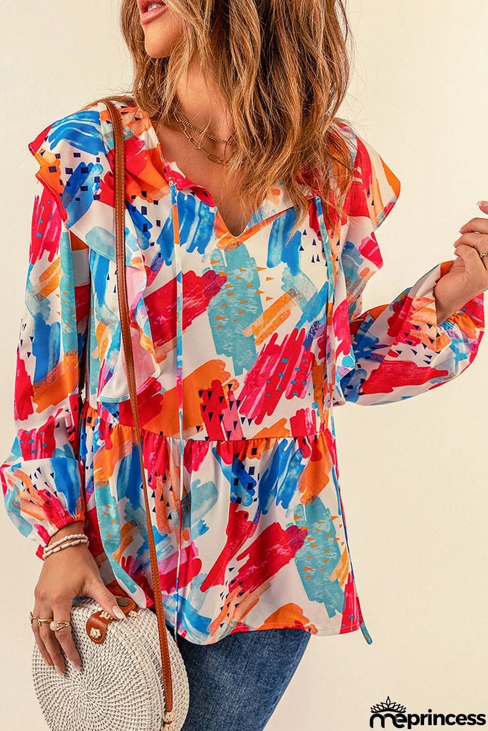 color Paint Print Ruffled Detail Loose Blouse