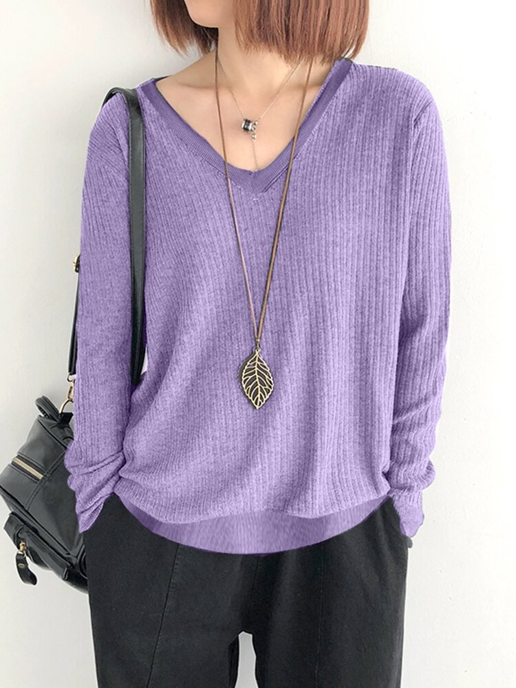 Solid Long Sleeve V-neck Casual Sweater for Women