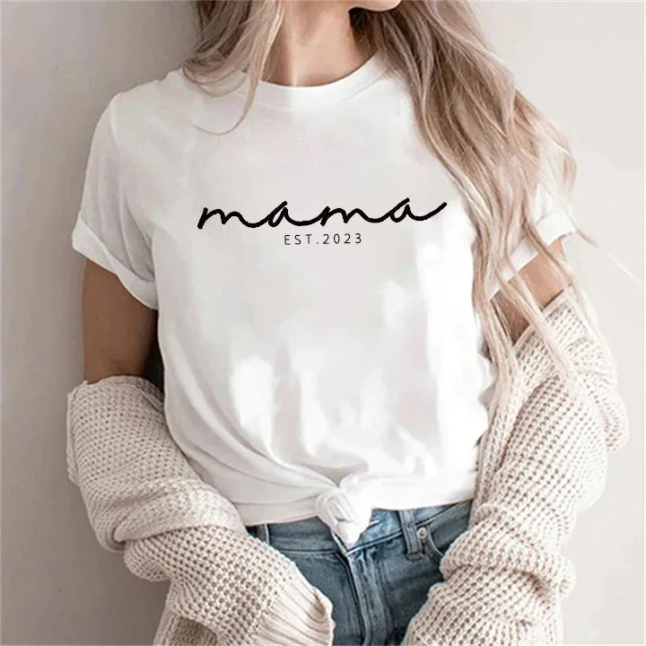 Custom Mama Est Year T-shirt, With Names on the Sleeve,Mother Birthday Gift