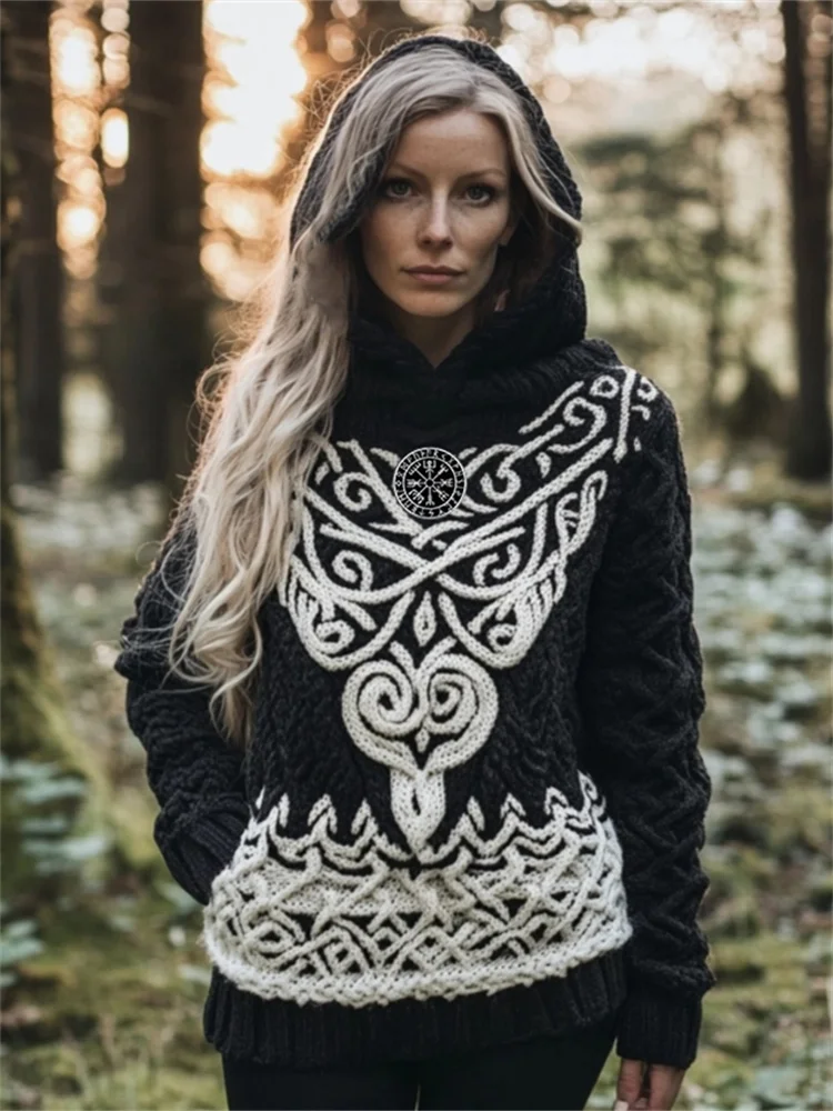 Vintage Viking Vegvisir Embroidered Celtic Cozy Chunky Hooded Sweater