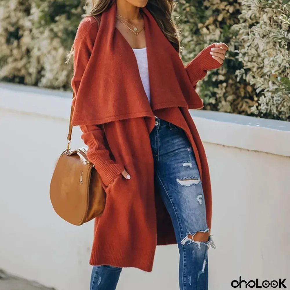 Women's Retro Autumn and Winter Lapel Oversized Solid Color Cardigan