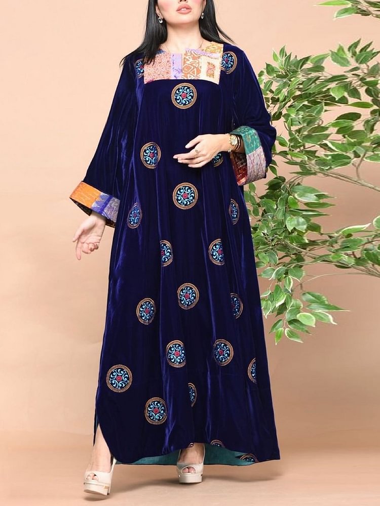 Blue round pattern velvet kaftan dress