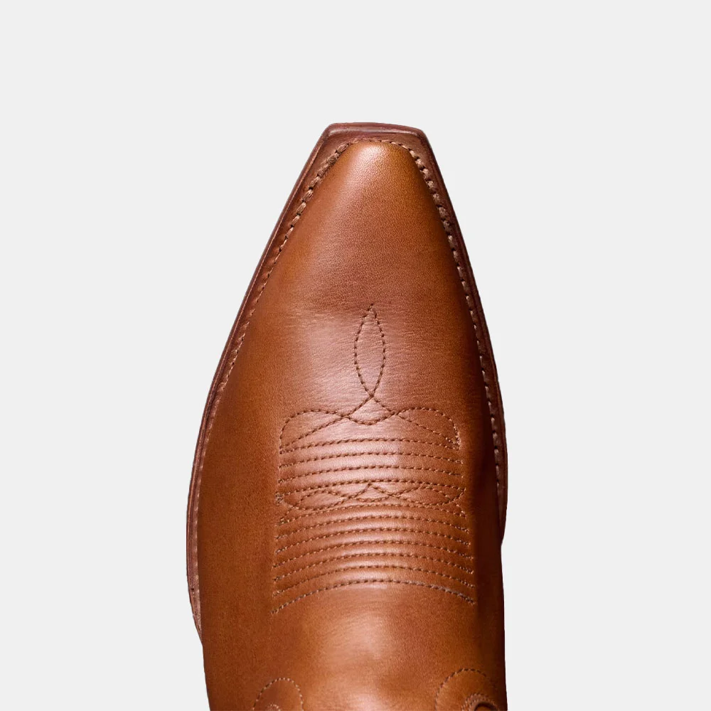 Brown Snip Toe Chunky Heel Star Stitching Mid Calf Cowgirl Boots