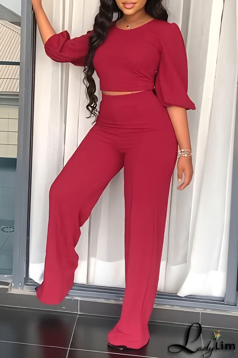 Red Casual Solid Split Joint O Neck Half Sleeve Two Pieces