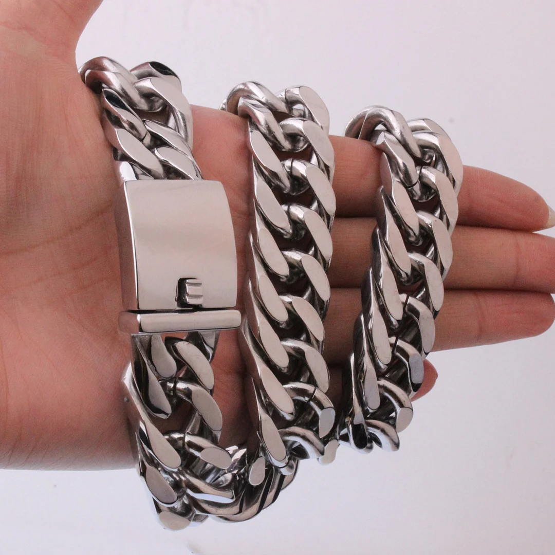 Sliver Miami Cuban Link Chain Set For Men Plated Titanium Stainless Steel 15mm Curb Bracelet Necklace Diamond Chains