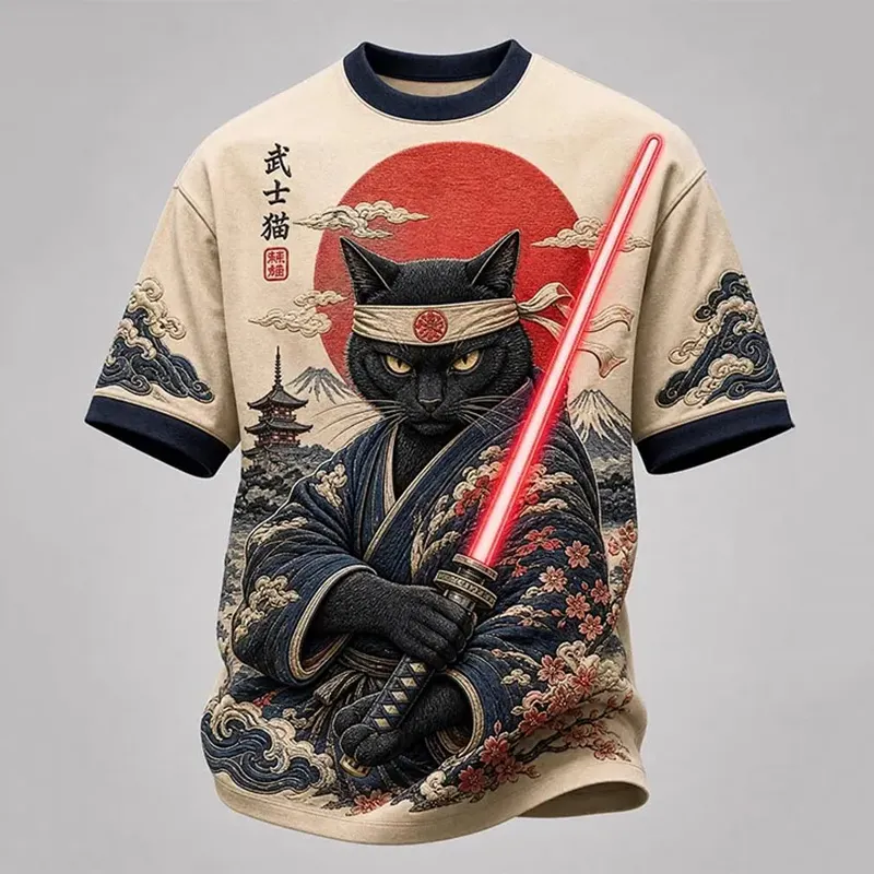 Men's Vintage Samurai Cat Japanese Style Print Casual T-shirt  artssus
